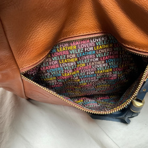 Velez Tan, Blue, and Cream Leather Tote or Shoulder Bag - Picture 7 of 12